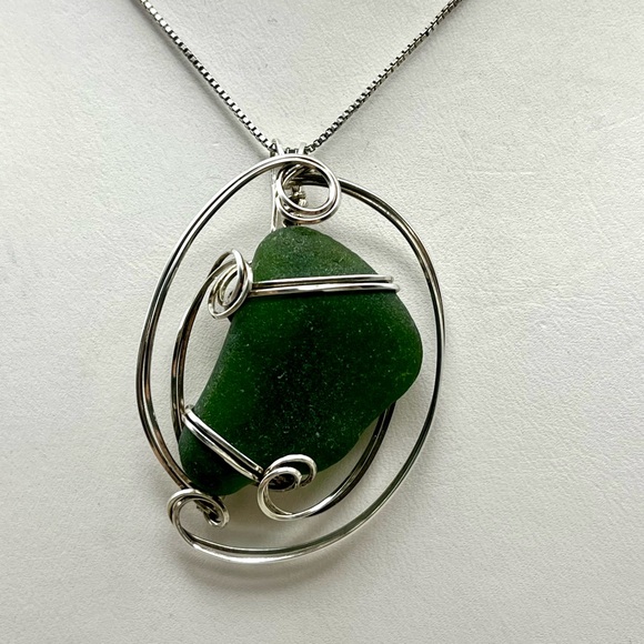 Artisan Jewelry - Handmade.925 Sterling Silver Wire Wrapped Authentic Green Sea Glass Pendant